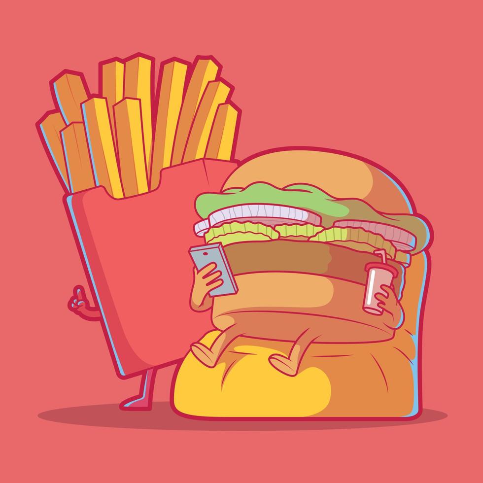 hamburguesa y papas fritas que piden ilustración de vector de comida. comida rápida, concepto de diseño tecnológico.