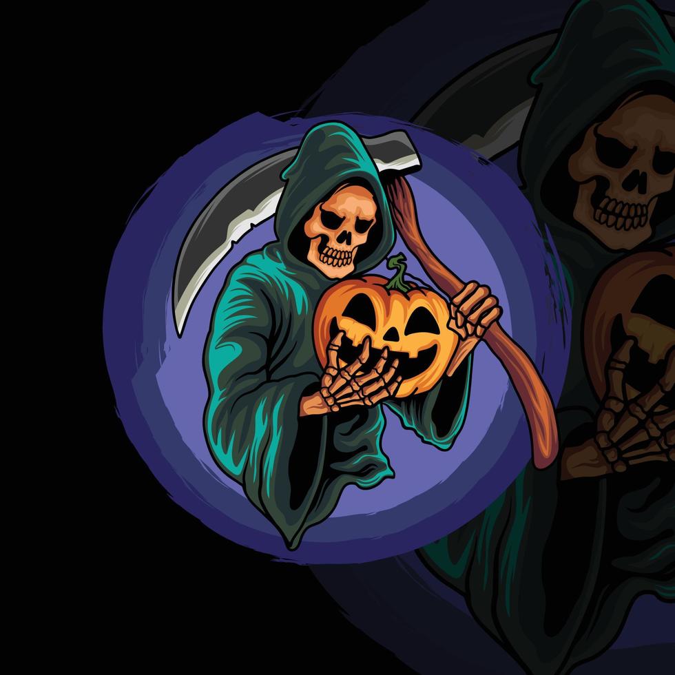 Scary grim reaper with pumpkin illustration vector