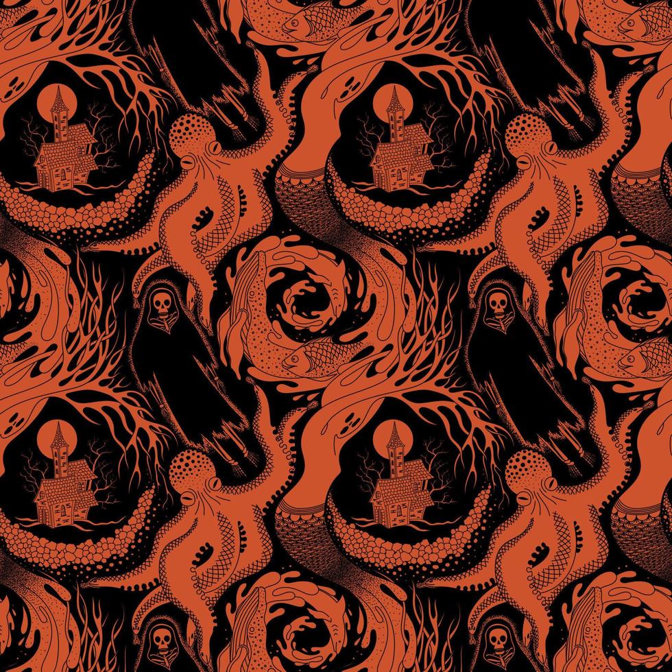 BLACK AND ORANGE VECTOR SEAMLESS PATTERN OF DIFFERENT PHANTASMAGORIC SCARY CREATURES OF THE ANIMAL AND AQUATIC WORLD