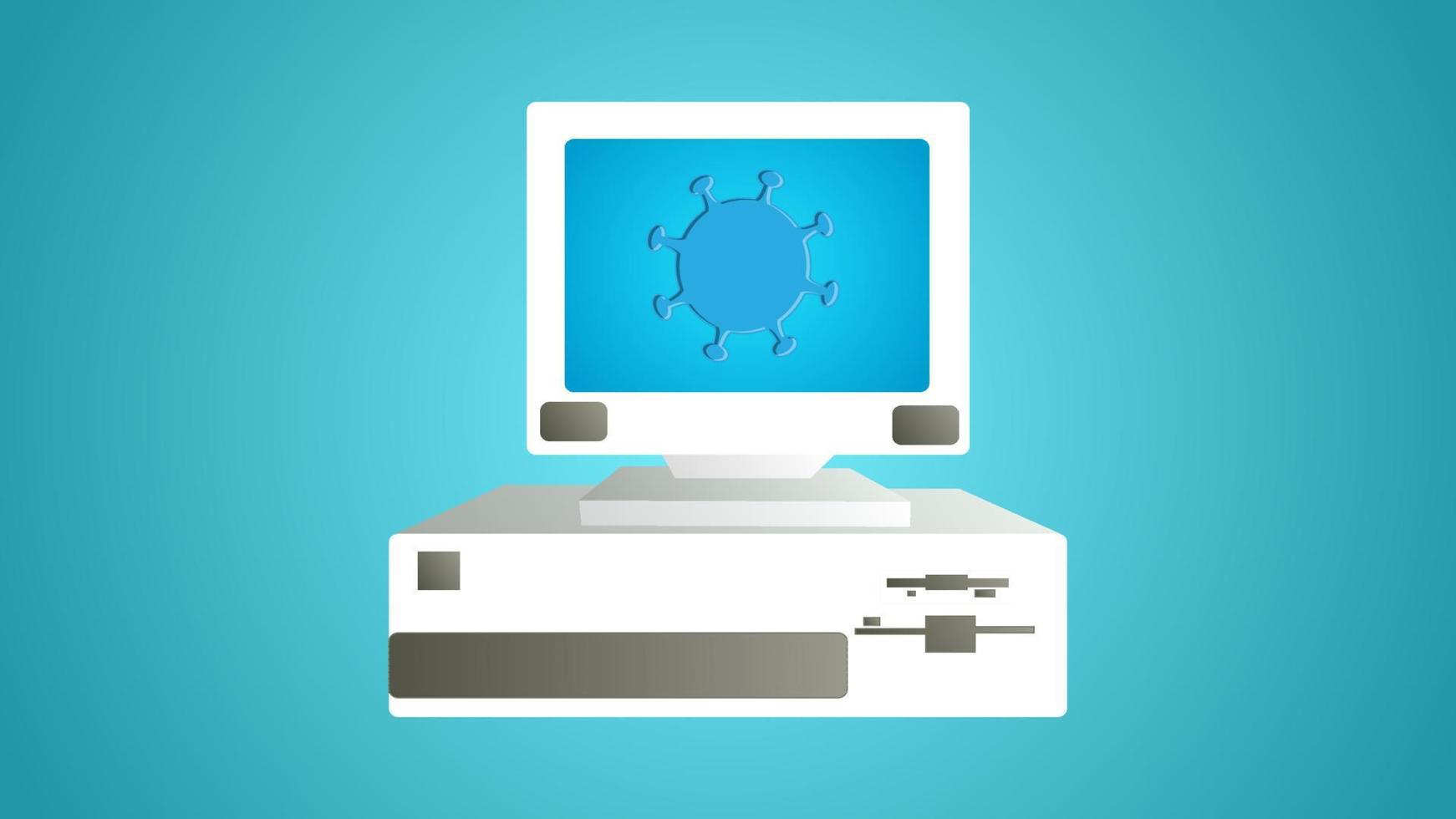 diagnóstico, estudio del tratamiento de la enfermedad de la molécula del virus de la infección por coronavirus en un monitor de computadora médica sobre un fondo azul vector