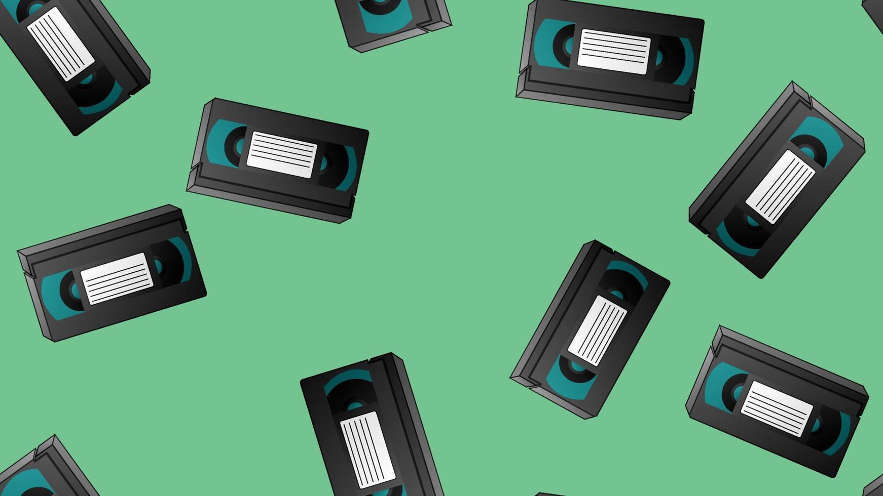 Seamless pattern of retro old hipster video cassettes for watching movies from the 70s, 80s, 90s, 2000s on a green background vector