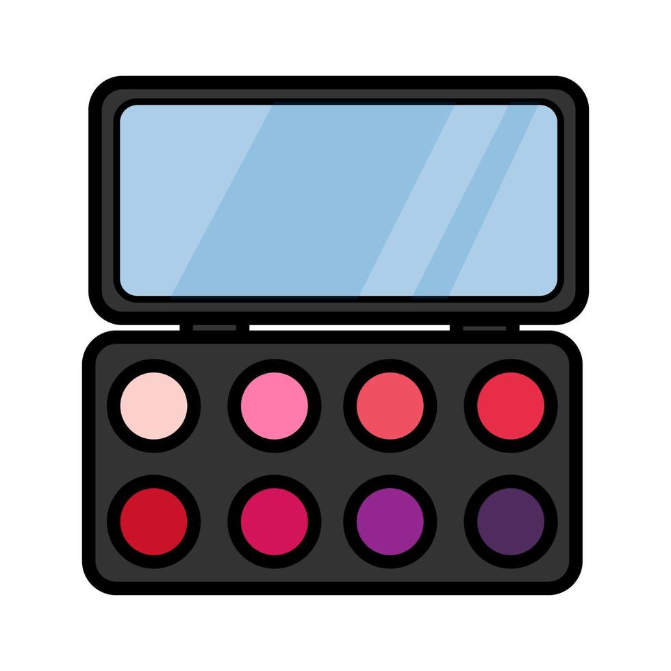 el icono de color plano es una simple caja de polvo rectangular de cosméticos glamorosos lineales con un espejo, sombras de ojos y párpados que aplican una guía de belleza de maquillaje. ilustración vectorial vector