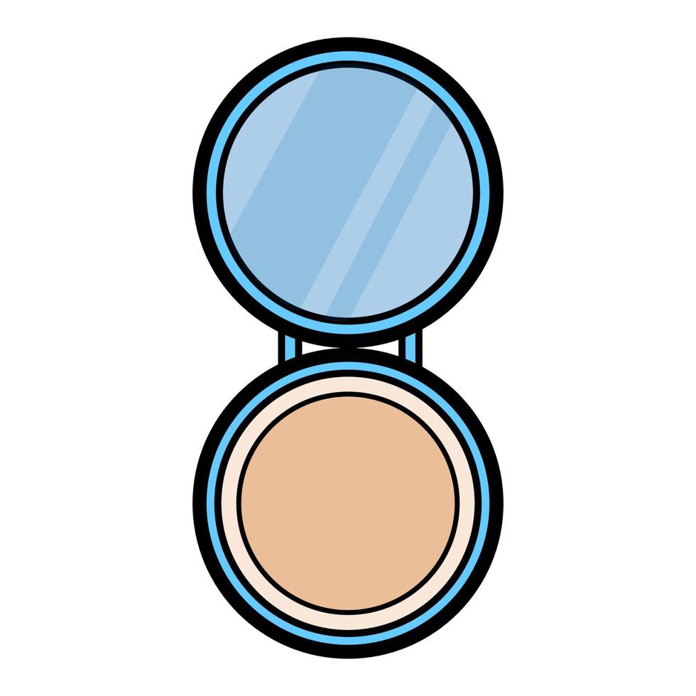 Flat icon blue  is a simple beauty of glamorous little portable powder box, powder boxes with a mirror for applying make-up of beauty of the ear to the face skin. Vector illustration
