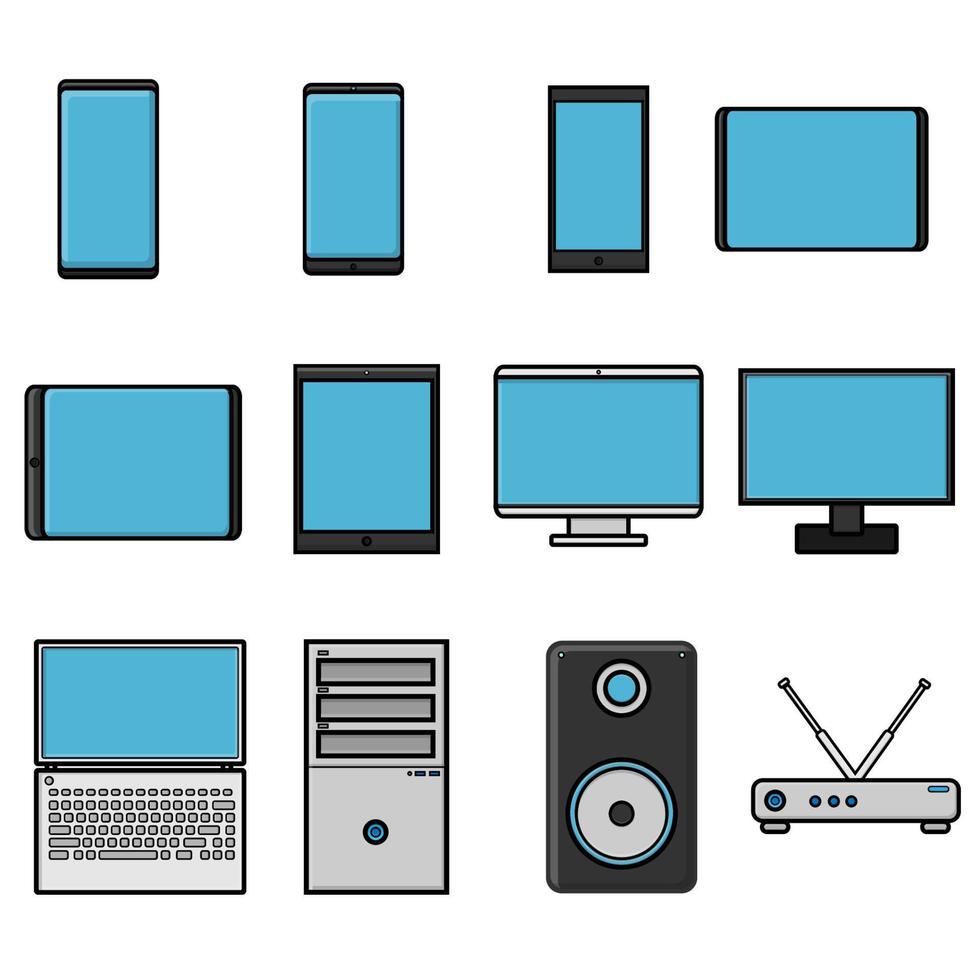 conjunto de ilustración vectorial de icono plano de simples y modernos teléfonos inteligentes digitales computadoras computadoras monitores módems sobre un fondo blanco. concepto de tecnologías digitales informáticas vector