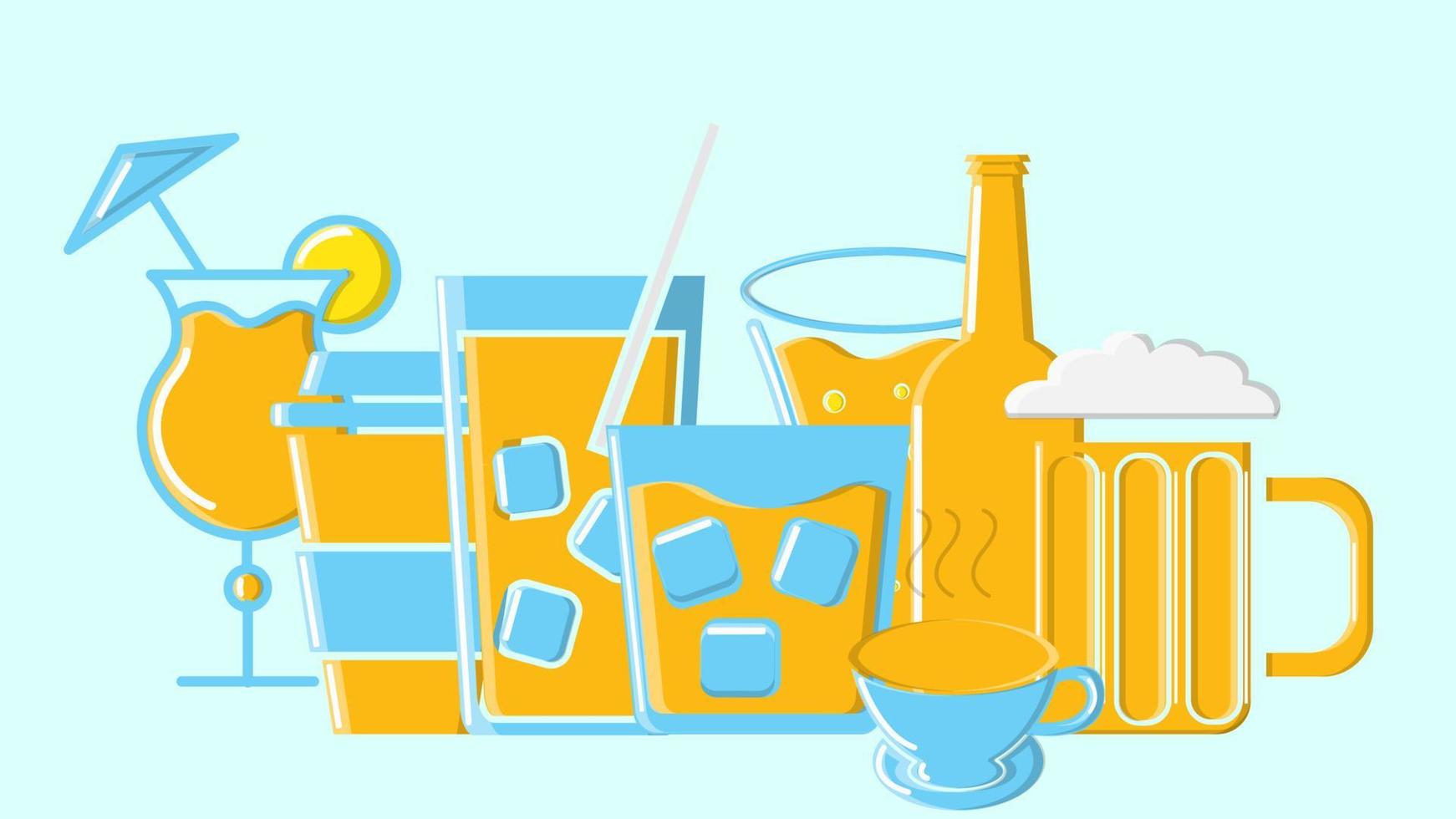 juego de vasos de cerveza y bebidas alcohólicas cócteles café y té. ilustración vectorial vector