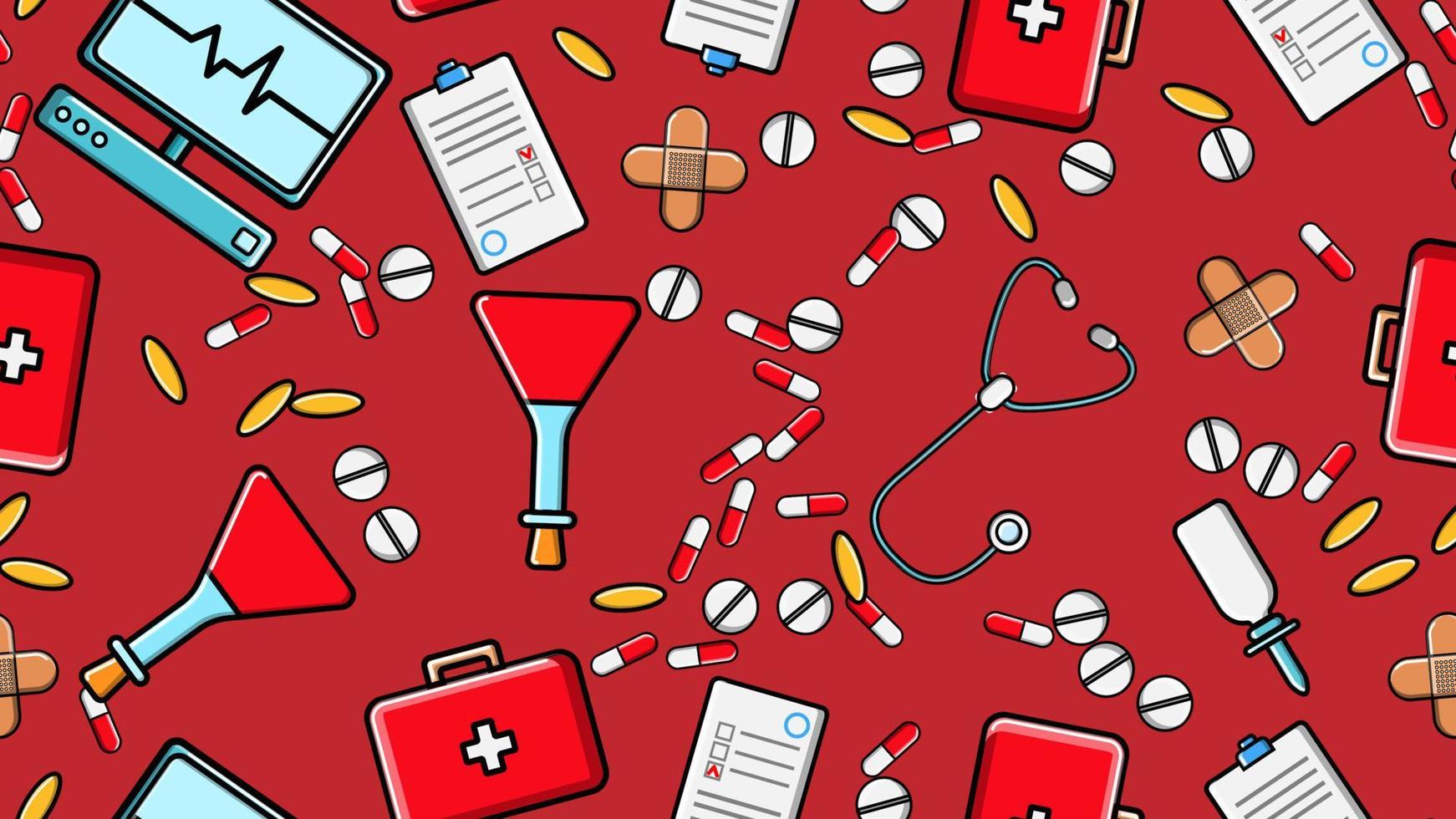 Seamless pattern texture of medicine items icons pricks pills pipettes stethoscopes tools doctor flasks capsules cans syringes on a red background flat lay top view. Vector illustration