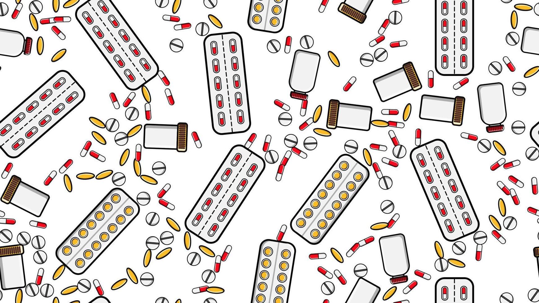 Seamless pattern texture of endless repetitive medicine tablets pills dragee capsules records cans of packs with medicines vitamins drugs on a white background flat lay top view. Vector illustration