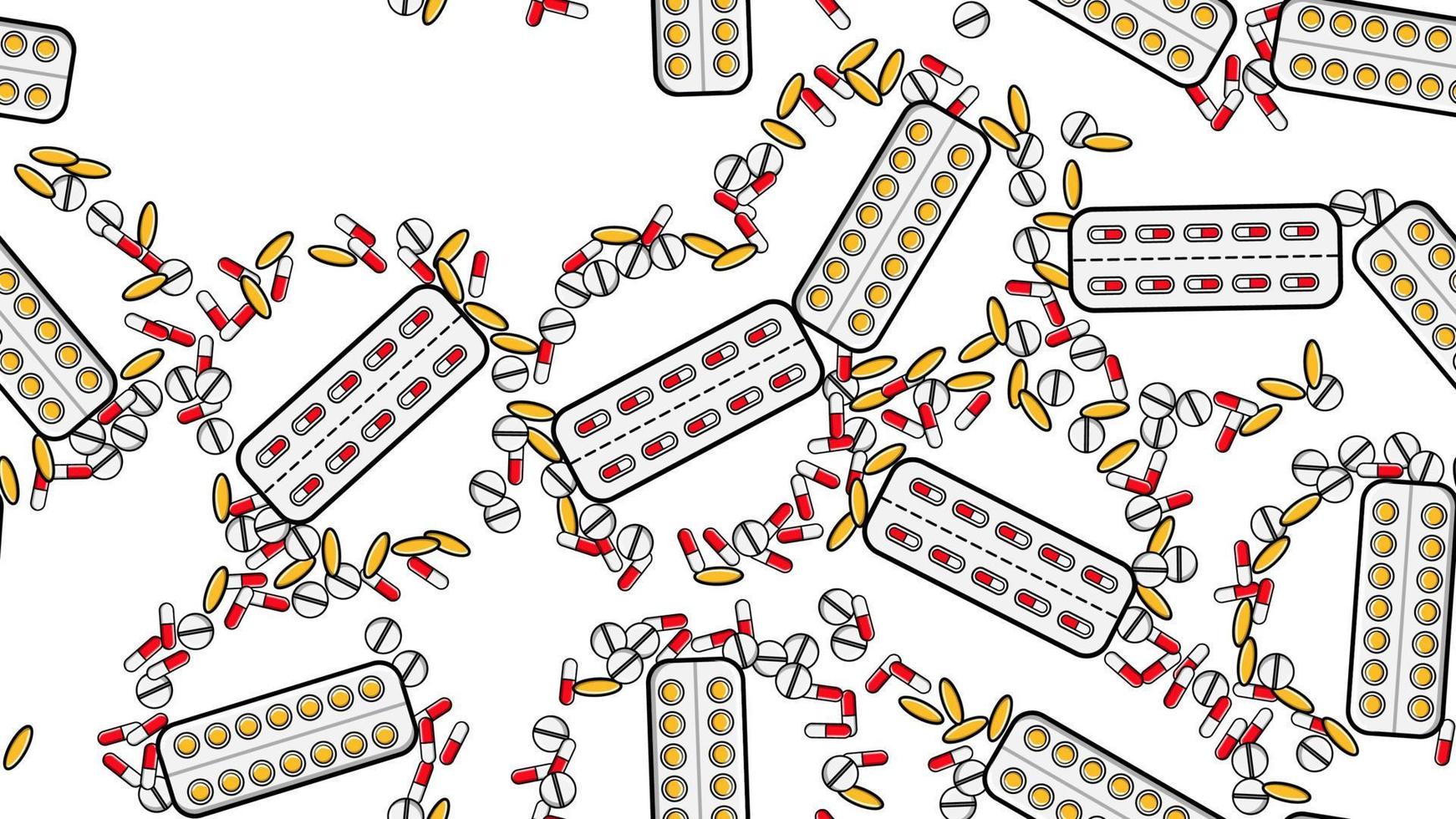 Seamless pattern texture of endless repetitive medicine tablets pills dragee capsules and medication plates with vitamins on a white background flat lay. Vector illustration