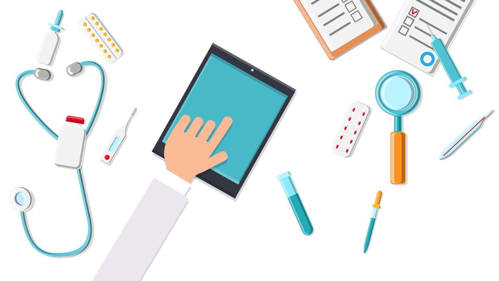 Vector man doctor working his hands in the workplace in the office with a mobile tablet top view, flat lay. Concept Digital modern smart IT and new computer technologies in medicine