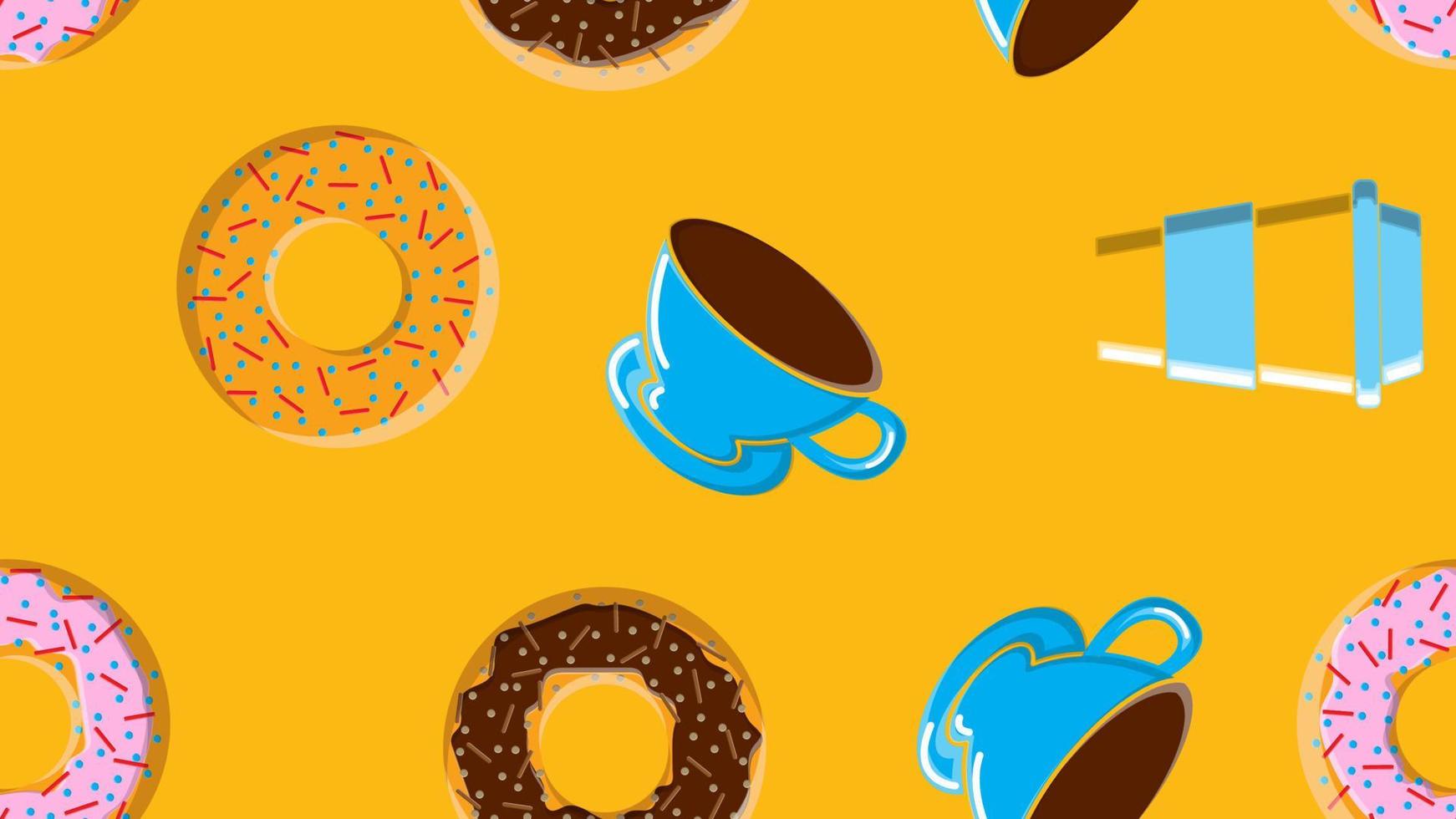 patrón impecable, textura de diferentes donuts dulces y sabrosos redondos a chocolate de caramelo azucarado caliente y una taza de café matutino rápido y caliente para el desayuno sobre un fondo amarillo. ilustración vectorial vector