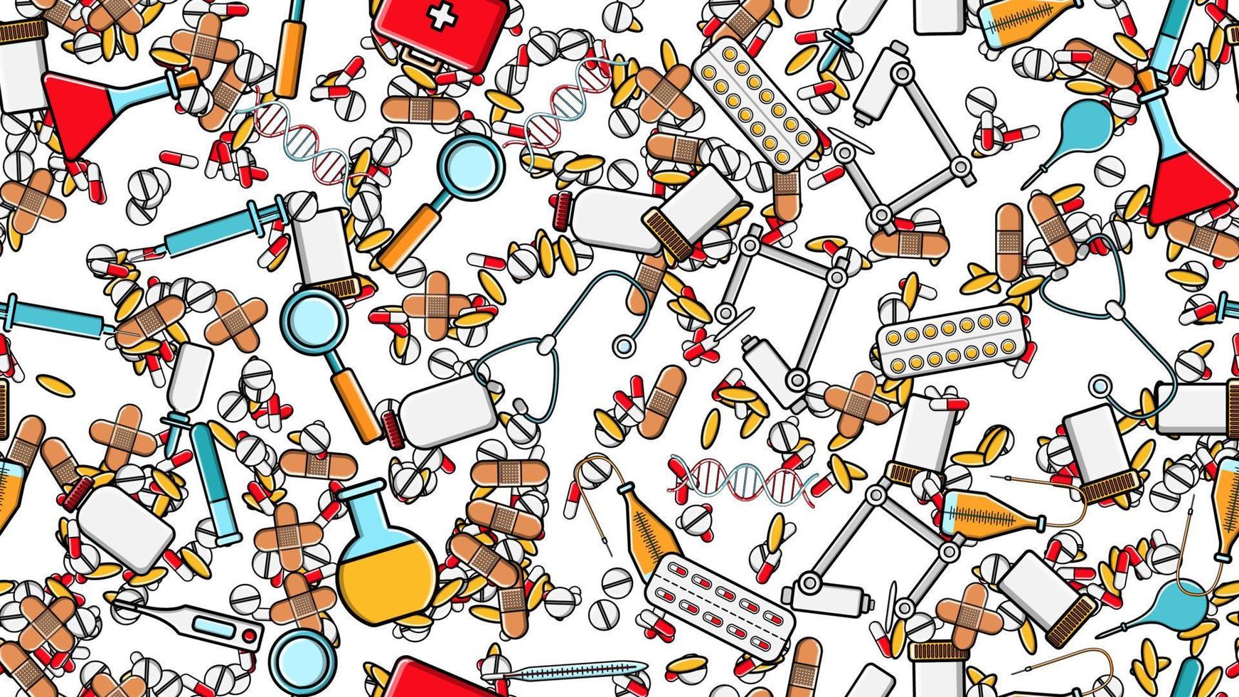 Seamless pattern texture of medicine items icons pricks pills pipettes stethoscopes tools doctor flasks capsules cans syringes on a white background flat lay top view. Vector illustration