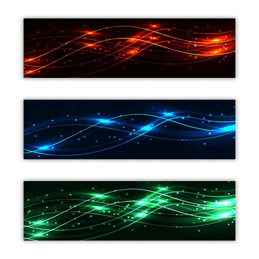 A set of three abstract multicolored background textures of posters from magic laser beautiful digital glowing glowing bright energy electric neon glowing wave lines. Vector illustration