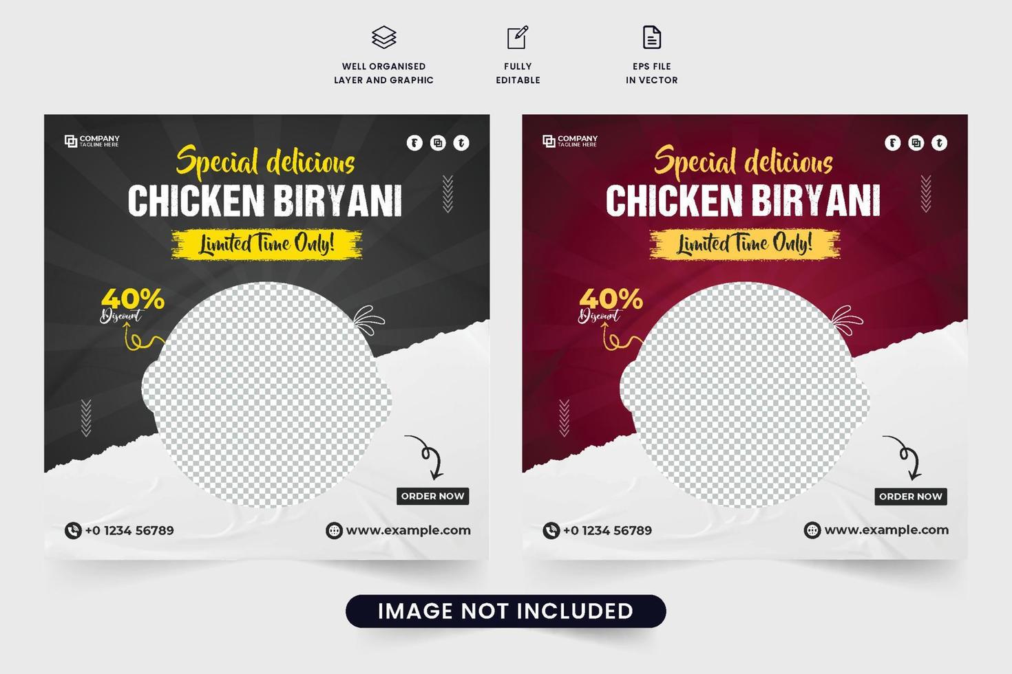 Special food social media post vector with dark backgrounds. Modern restaurant business promotional web banner vector with brush effect. Restaurant food menu advertisement template.