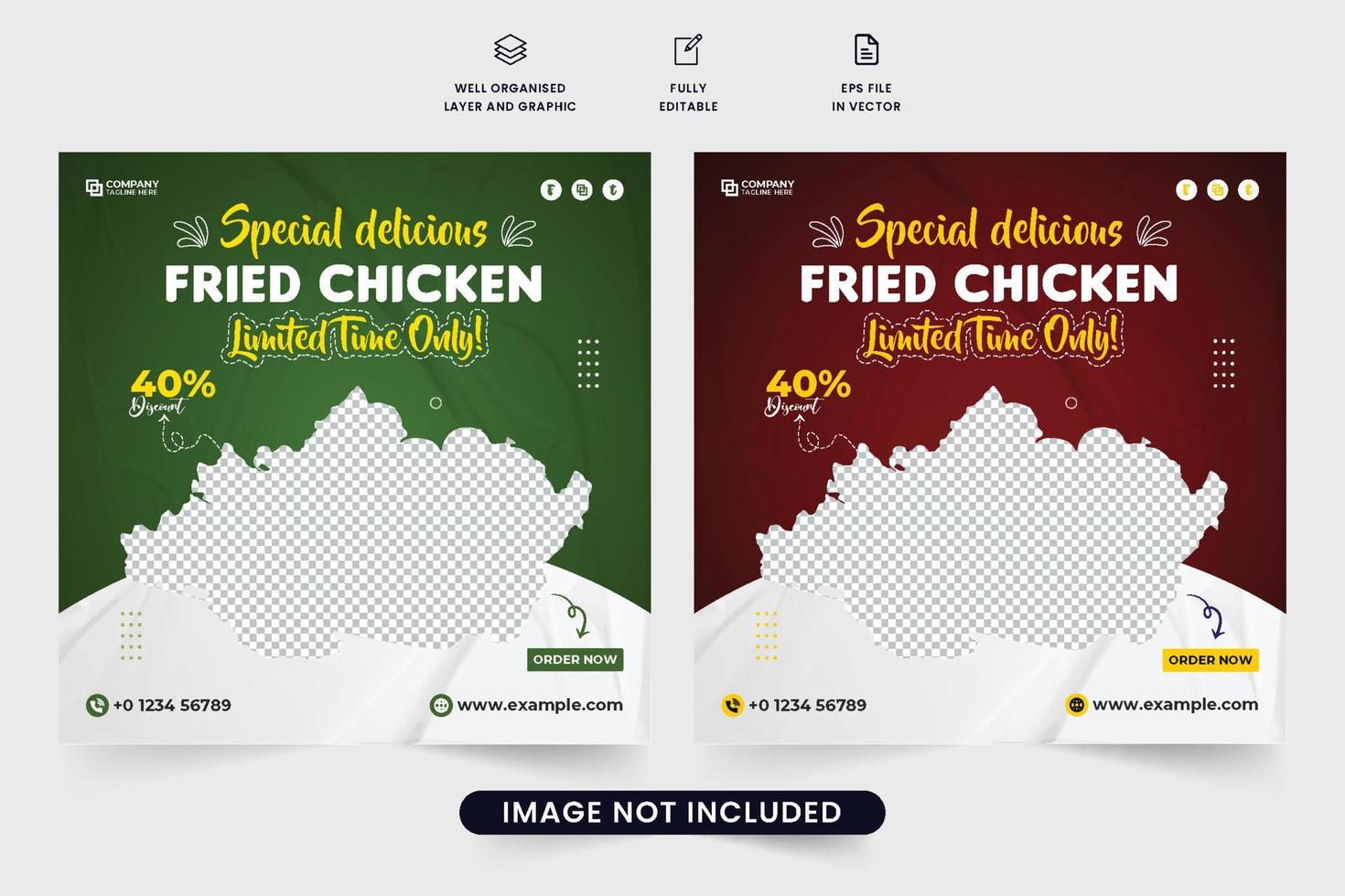 Special food promotion template vector for restaurant marketing. Delicious food menu advertising web banner design with green and red color backgrounds. Restaurant social media post vector.