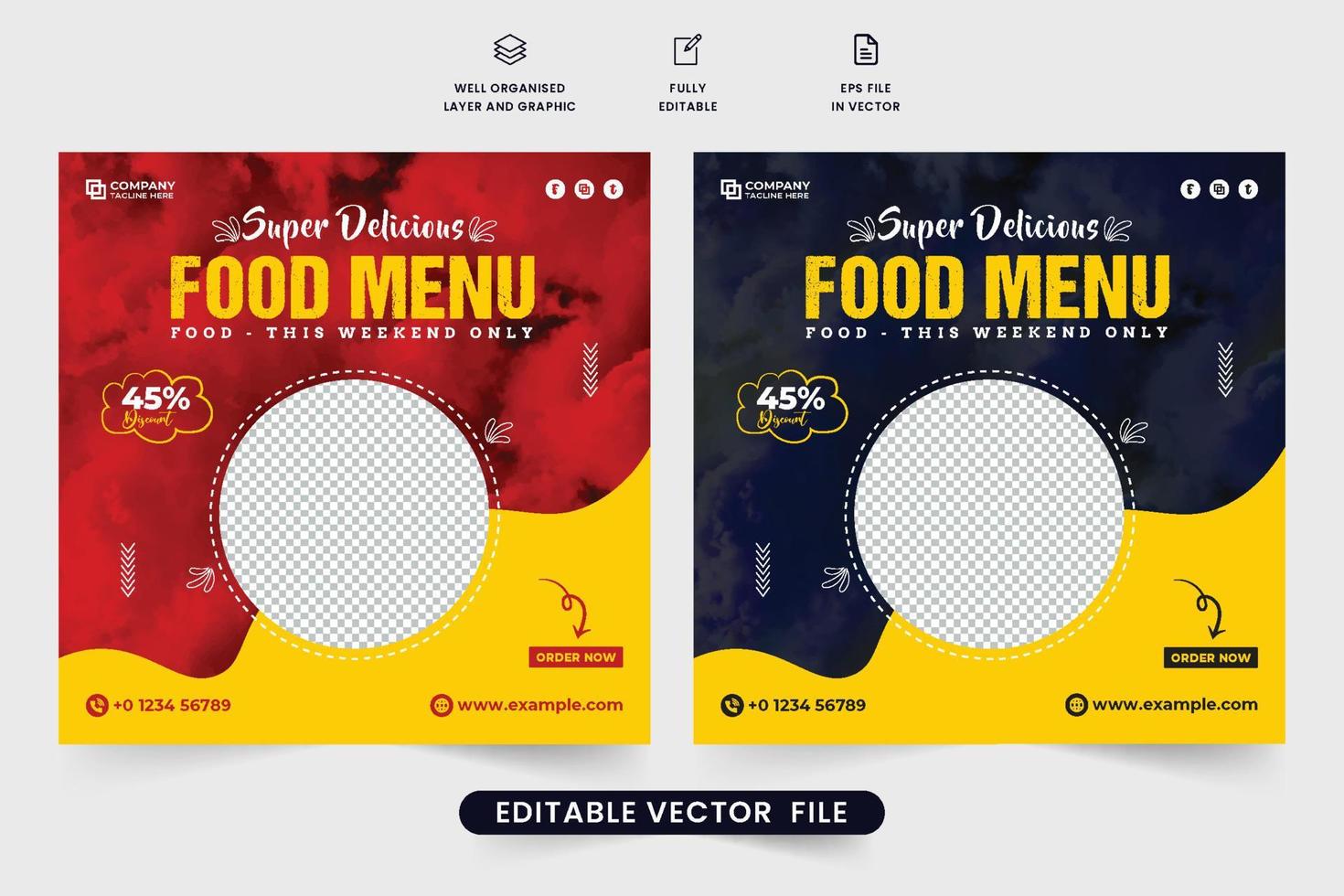 Delicious food menu social media post vector with red and yellow colors. Restaurant food promotional template design with abstract shapes. Restaurant business digital marketing web banner.