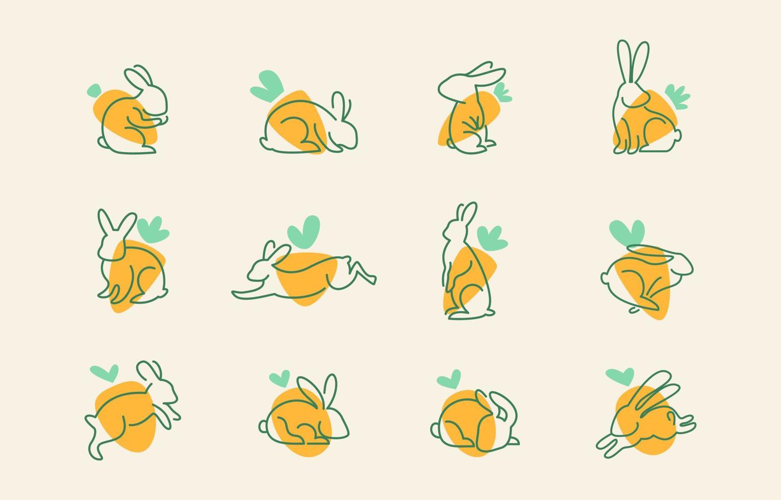 Line Art Rabbit with Simple Shape of Carrots Icon Collection vector