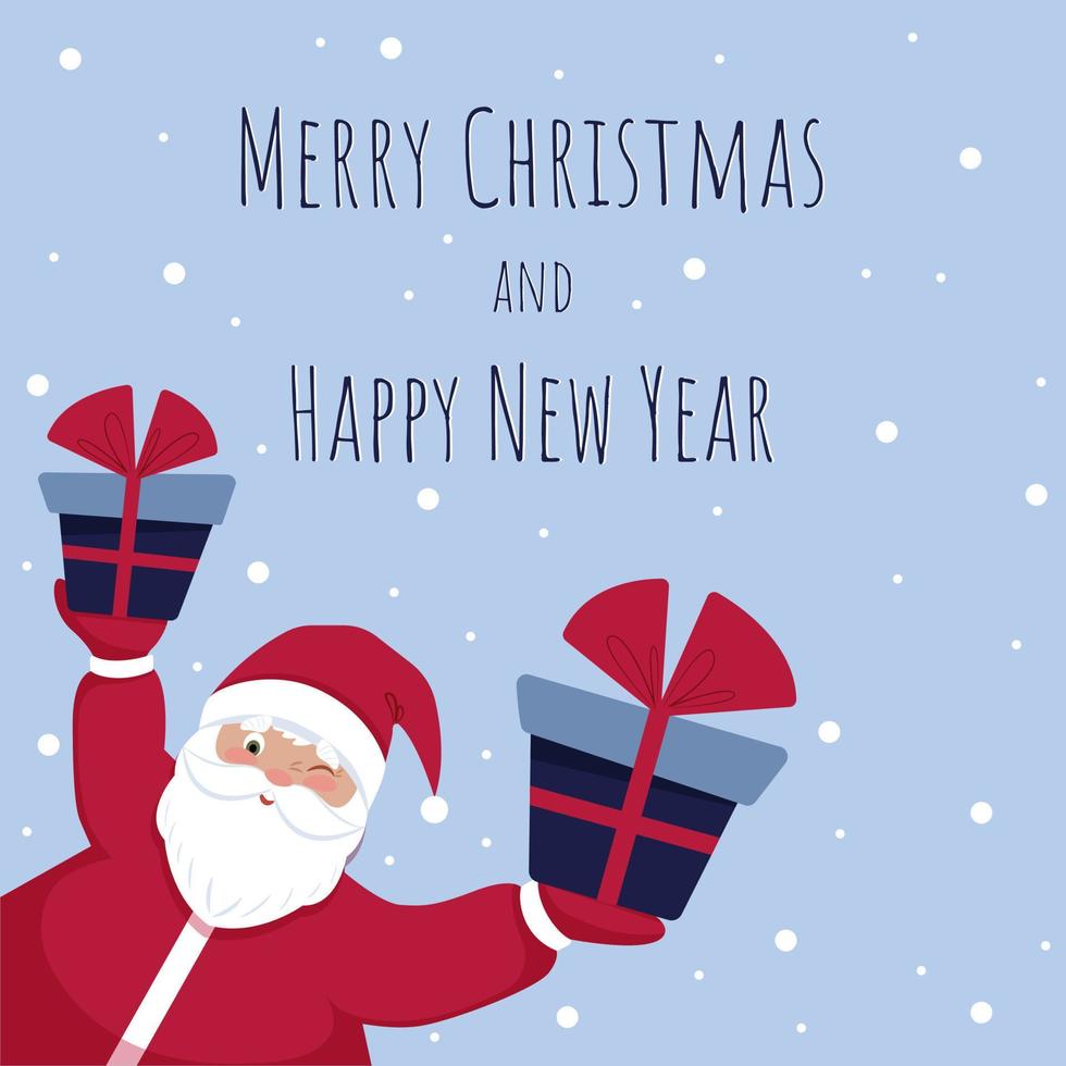 Santa Claus gives gifts greeting card, Merry Christmas and New Year. Vector illustration in flat cartoon style