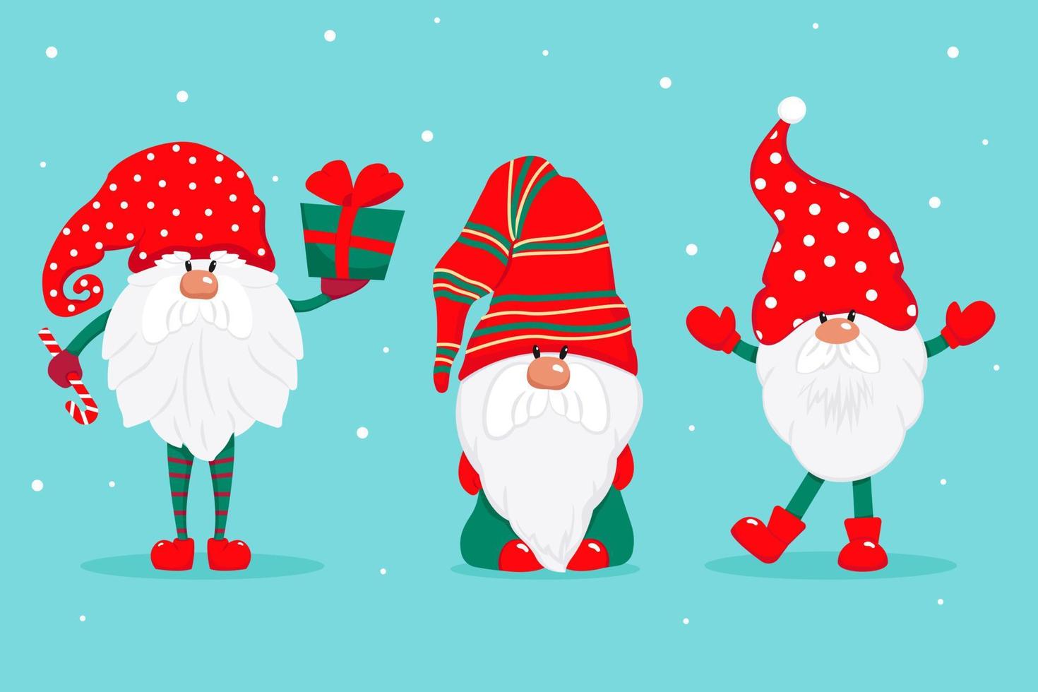 tres lindos gnomos navideños. personajes vectoriales en estilo plano. conjunto de gnomos navideños con regalos dulces ilustración vector