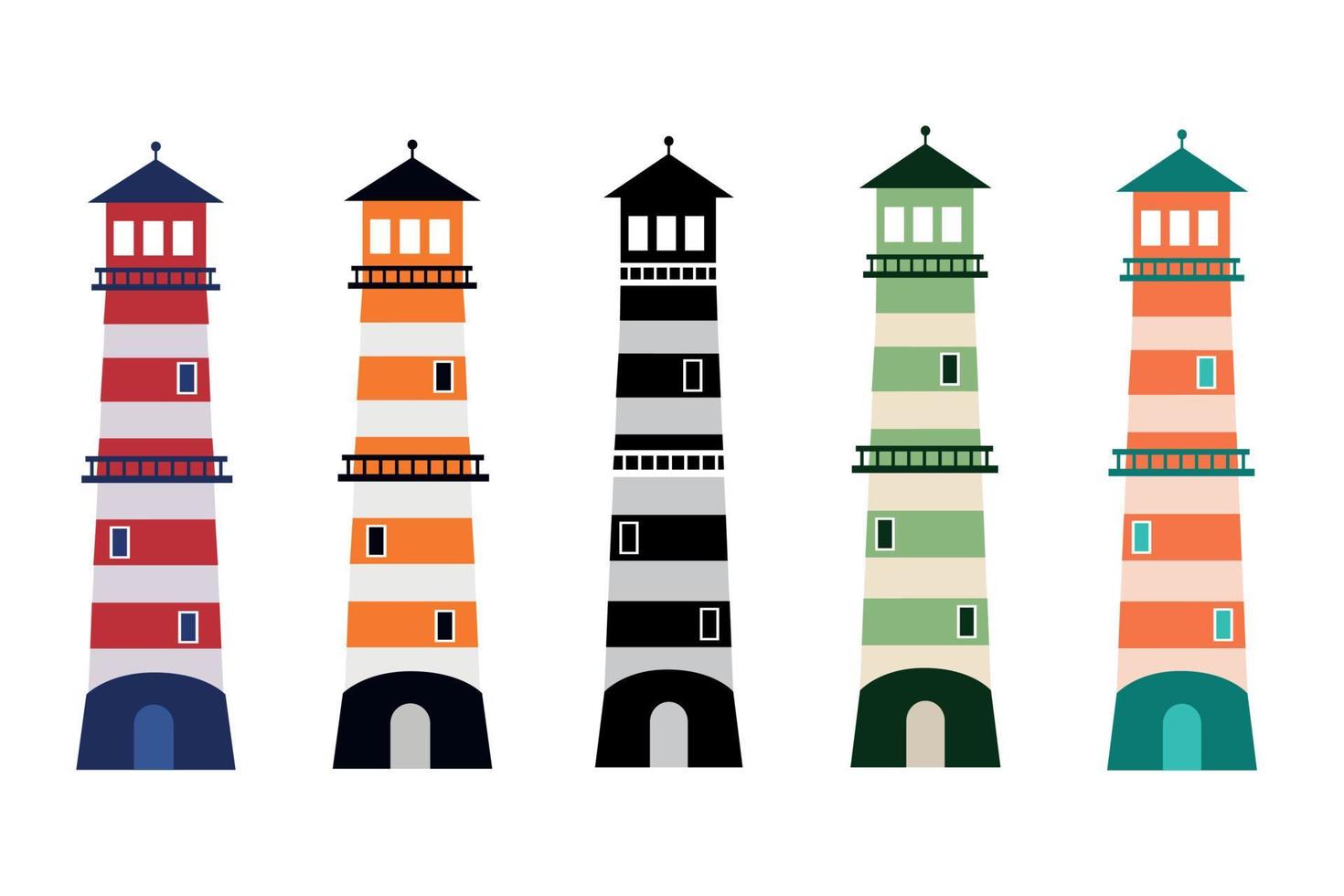 conjunto de torres de objeto de navegación de faro multicolor, ilustración vectorial de plantilla aislada en fondo blanco. vector