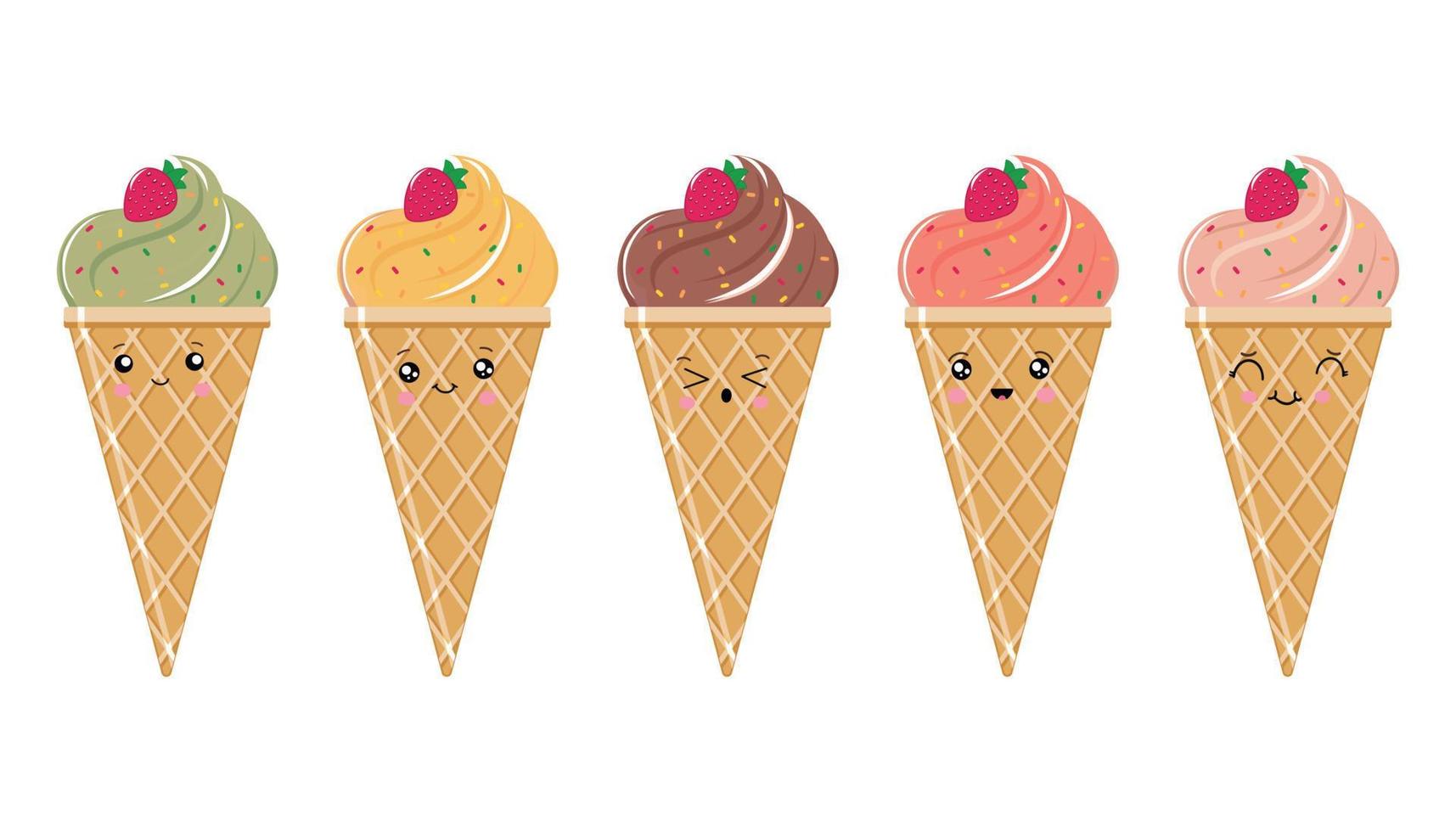 Kawaii style ice cream set, set of cute emoji icons. Hand drawn emotional cartoon characters, funny positive emotions. Vector illustration isolated on white background.