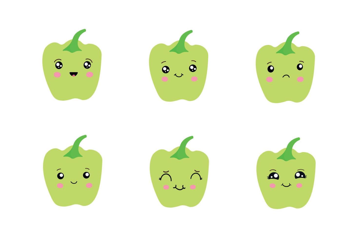 pimiento verde con ojos kawaii. ilustración vectorial de un diseño plano de pimiento rojo sobre un fondo blanco. vector