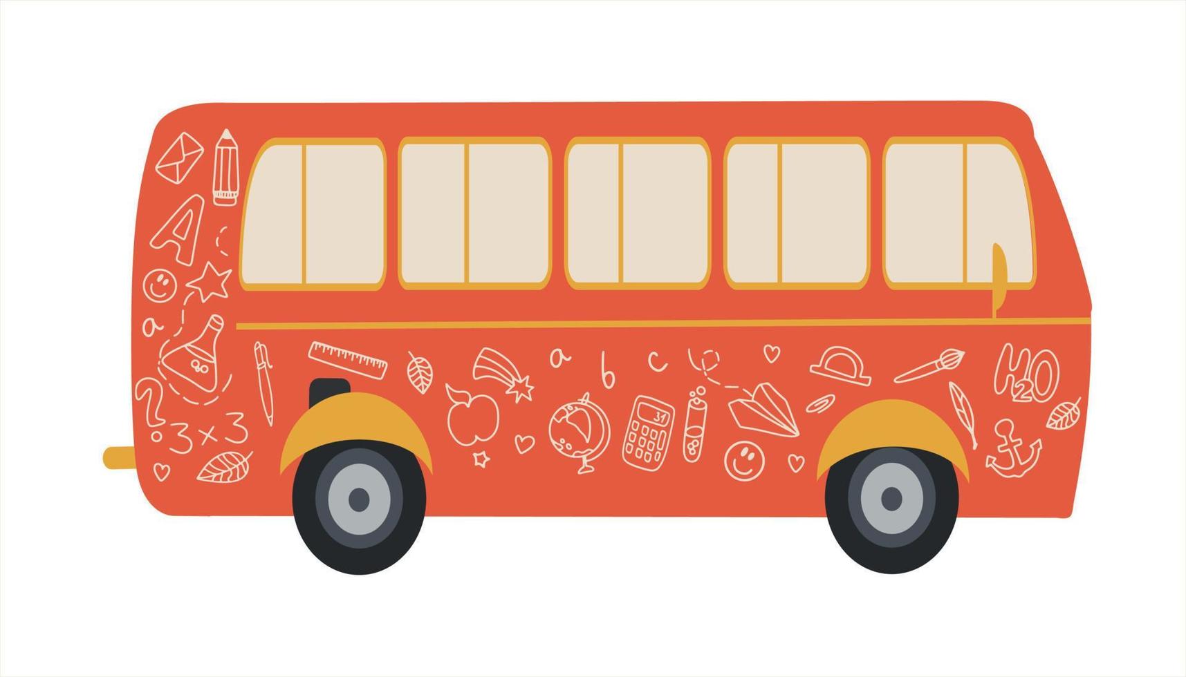 Vector design of a flat bus with doodle drawings. Handdrawn school