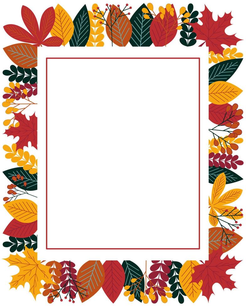 Autumn vertical frame, border with autumn leaves. White background with space for text. Seasonal Vector illustration.