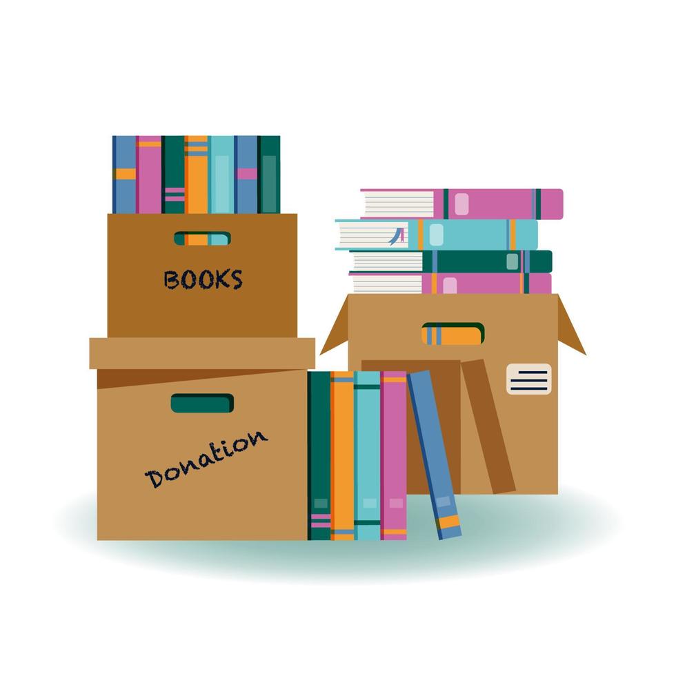 donar libros. caja de cartón con libros coloridos para donación. ilustración vectorial en estilo plano de dibujos animados. vector