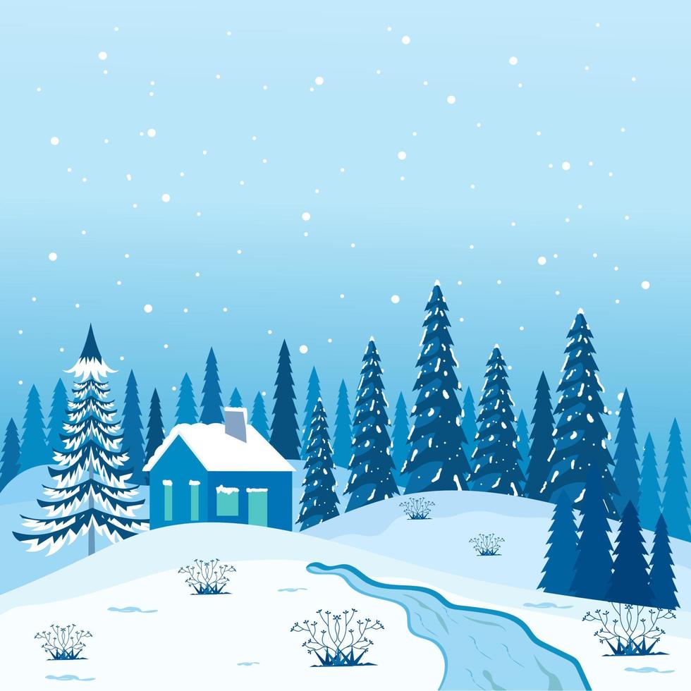 cartel de paisaje invernal con árboles nevados y montañas en estilo plano vector