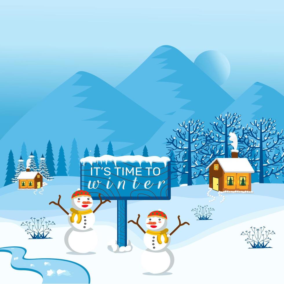 ilustración de diseño de alimentación de paisaje de invierno con muñeco de nieve, árboles y montaña vector