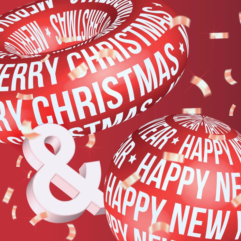 Happy New Year ultramodern card. 3d simple typography shapes with holiday Festive decoration. Trendy realistic objects. Art installation with geometric primitives. Festive vector banner design