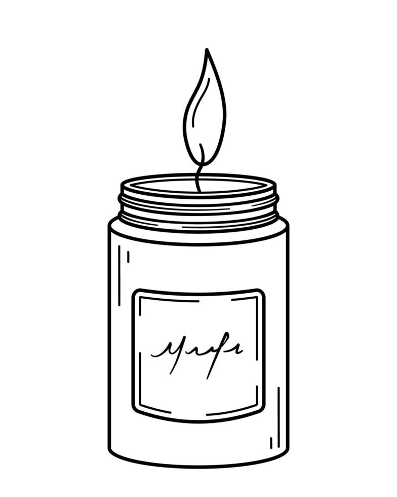 Burning aroma candle in glass jar. Modern decor for home, aromatherapy, relaxation. Hand drawn sketch icon. Isolated vector illustration in doodle line style.