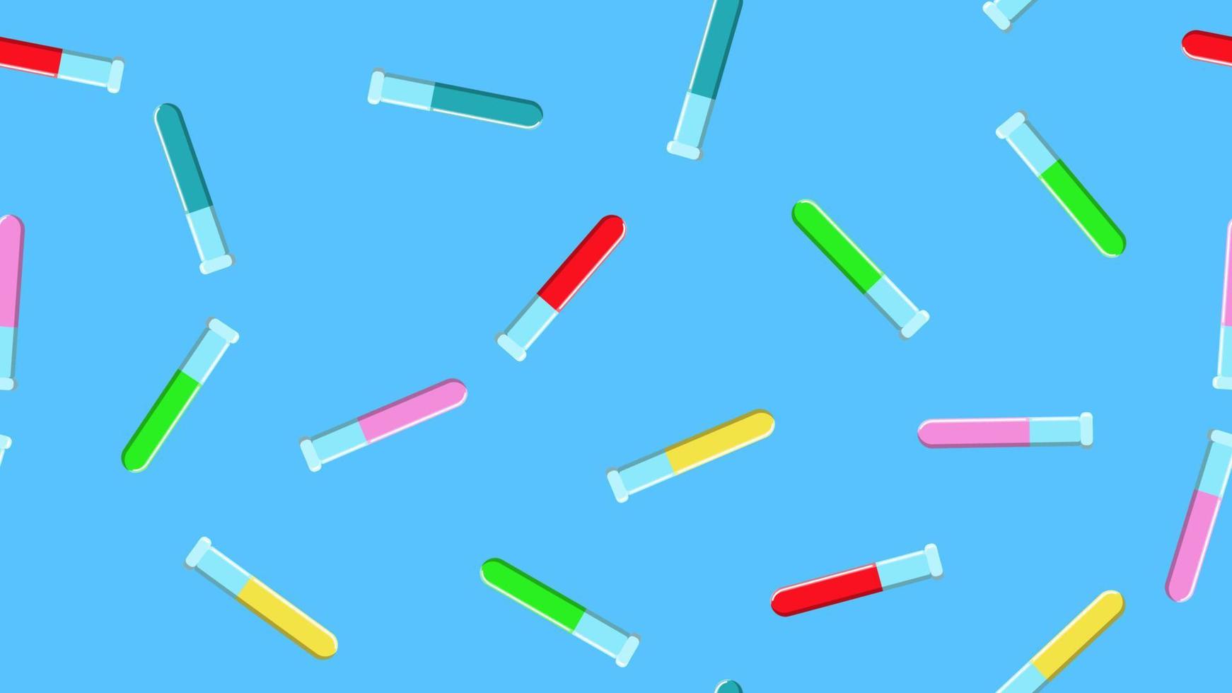 Seamless pattern texture of endless repetitive long multi-colored medical chemical glass scientific test tubes of flasks cans on blue background. Vector illustration