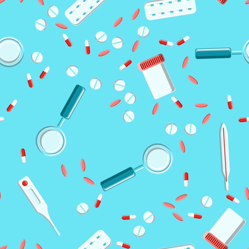 Medical seamless pattern, the texture of medicinal pharmaceutical tablets, cans, capsules, vitamins, drugs, plates, fish oil, thermometer, magnifier on a blue background. Concept health care vector