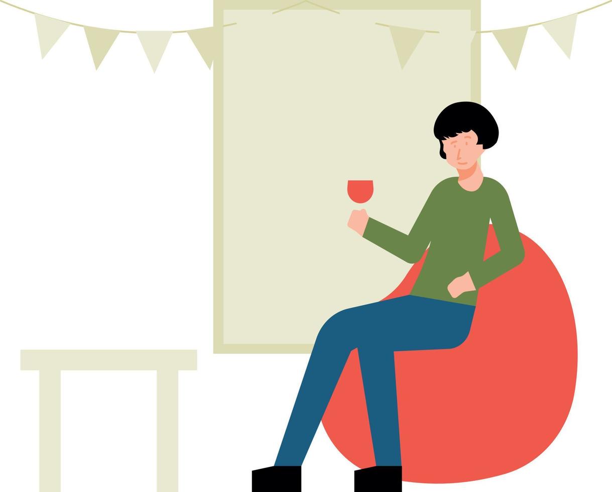 la chica está sentada en el sofá bebiendo vino. vector