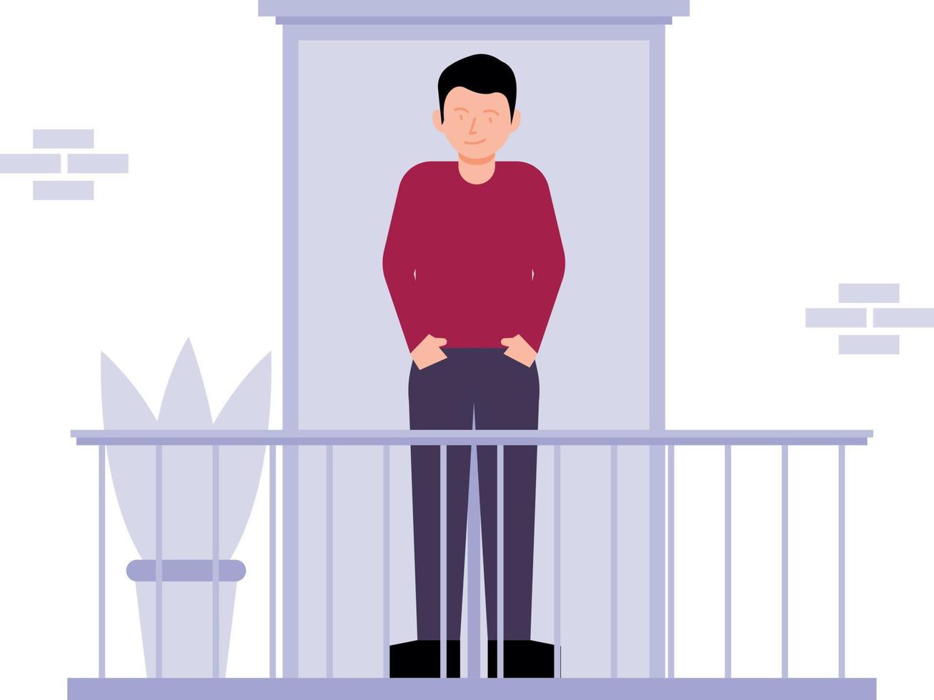 The boy is standing on the balcony. vector