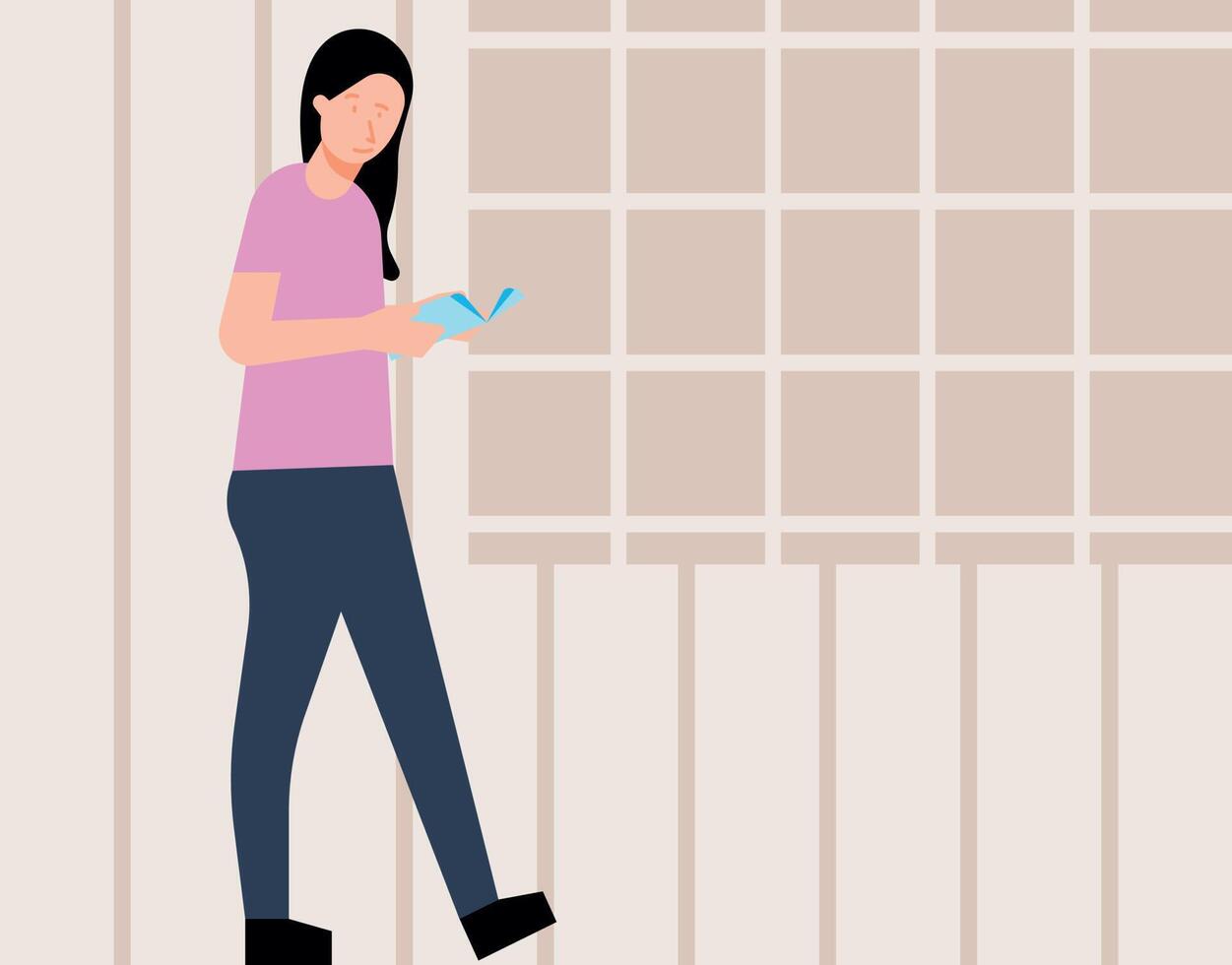 The girl is walking and reading a book. vector