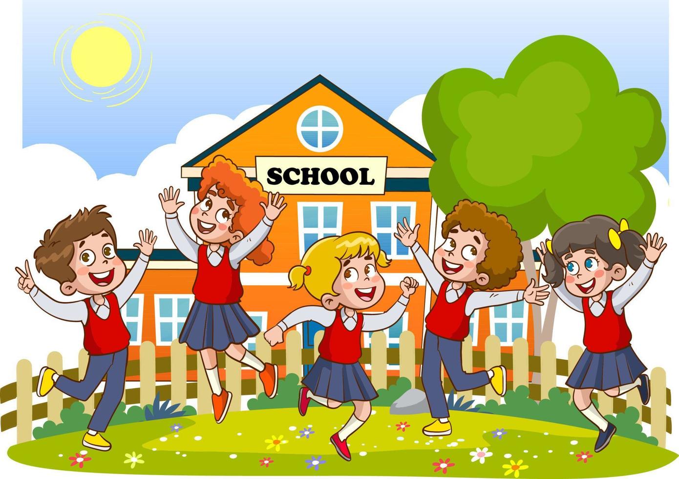happy cute little kids boy and girl study with teacher.illustrations of cheerful children's school life. vector