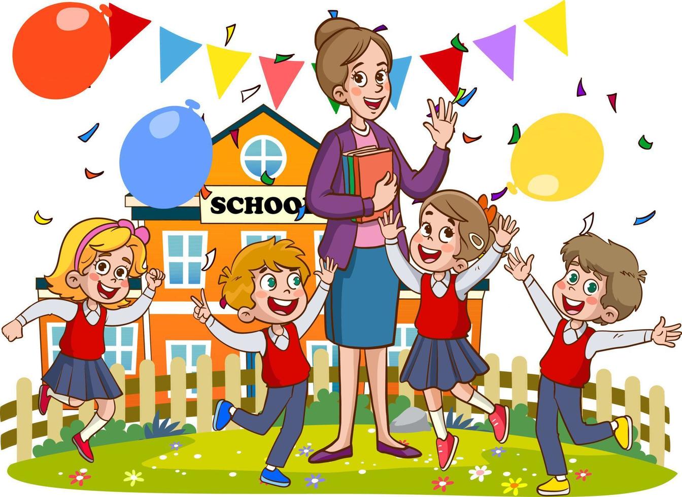 happy cute little kids boy and girl study with teacher.illustrations of cheerful children's school life. vector