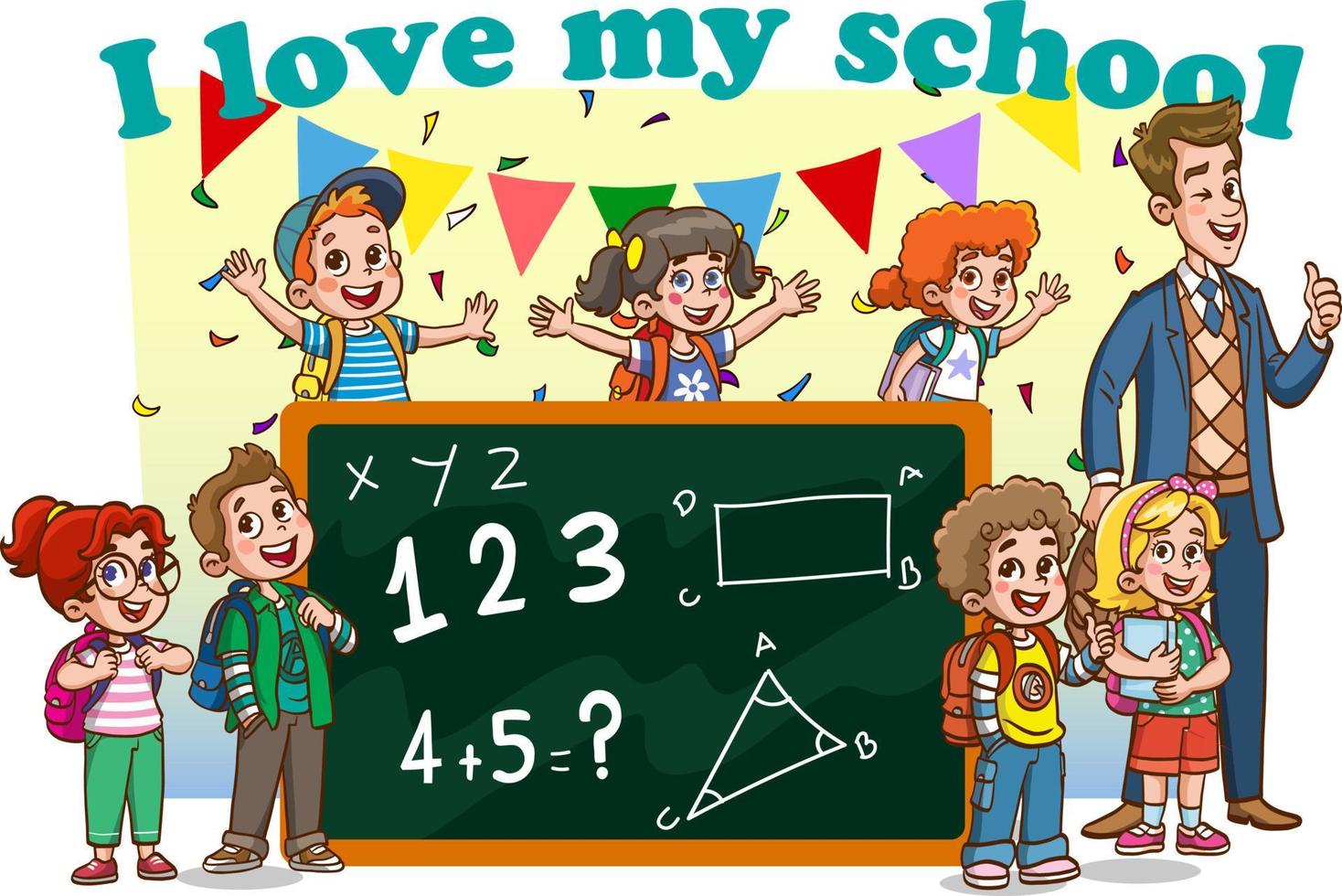 Vector illustration cartoon of children holding blank sign banner. Ad template.
