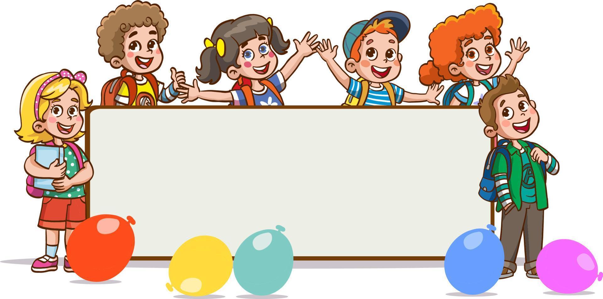 happy cute little kids boy and girl study with teacher.illustrations of cheerful children's school life. vector