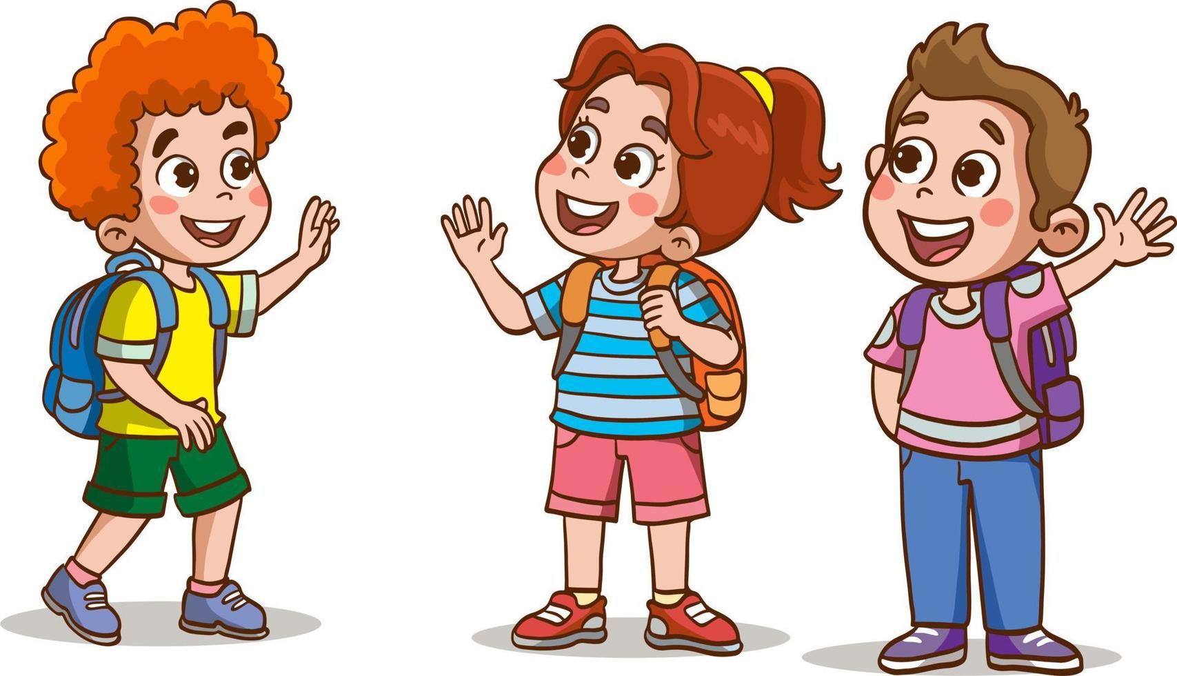 niños y niñas lindos y felices estudian con el maestro. ilustraciones de la vida escolar de los niños alegres. vector