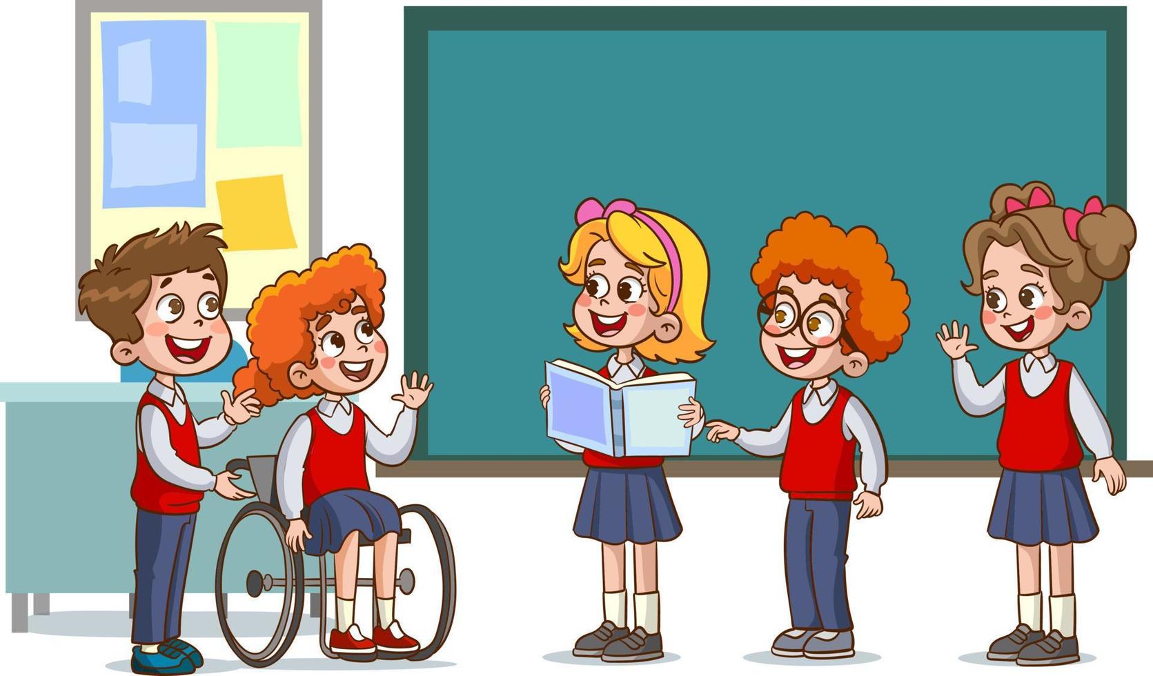 happy cute little kids boy and girl study with teacher.illustrations of cheerful children's school life. vector