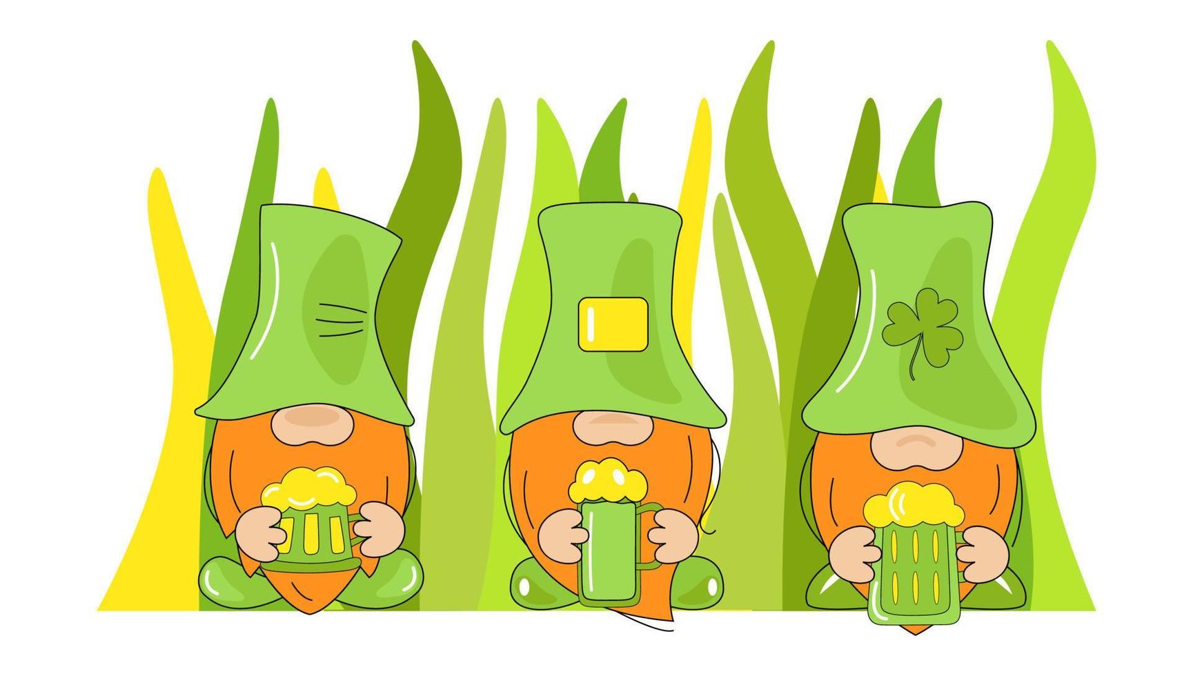 Gnomes with mug beer on grass background. Bright celebration vector illustration. Holiday banners, web poster, flyers and brochures, greeting cards, group bright covers. Cartoon Flat Vector