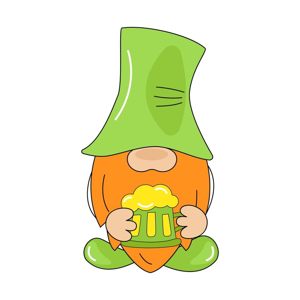 St. Patrick's Day Irish gnomes with mug beer for good luck. Icon Leprechaun. Cartoon gnomes isolated on white background. Vector Illustration