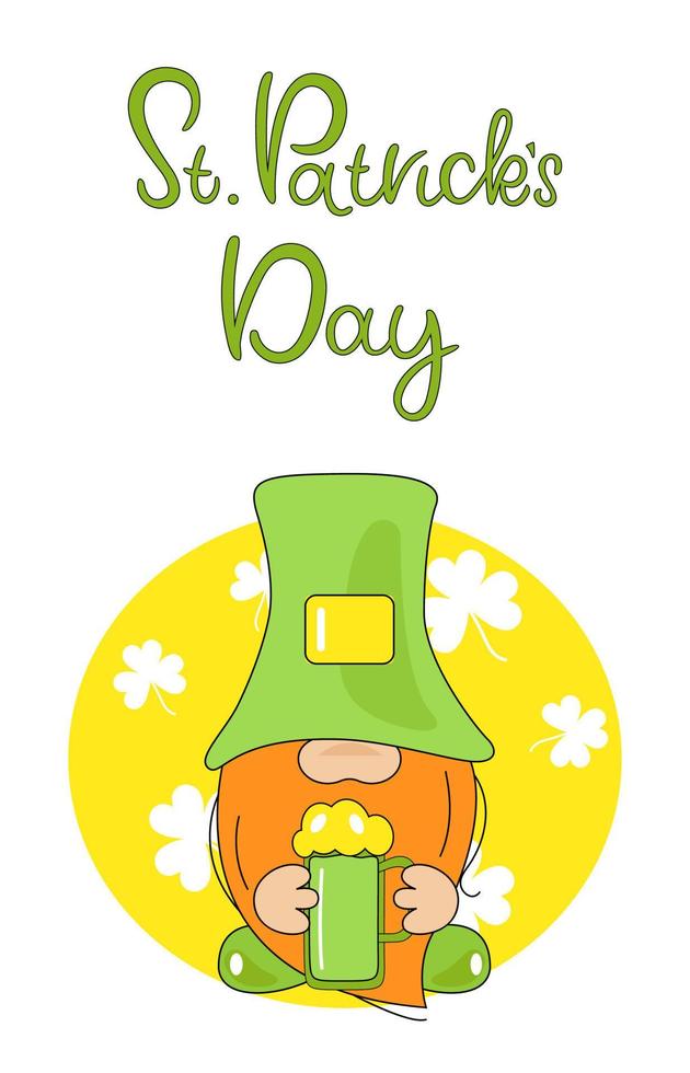 St. Patrick's day lettering with holiday gnome.  Leprechaun with mug beer on vertical background. Holiday banners, web poster, flyers, brochures. Cartoon Flat Vector Illustration