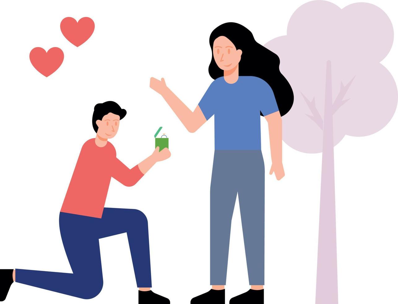 Boy proposes to girl with ring on Valentine's Day. vector