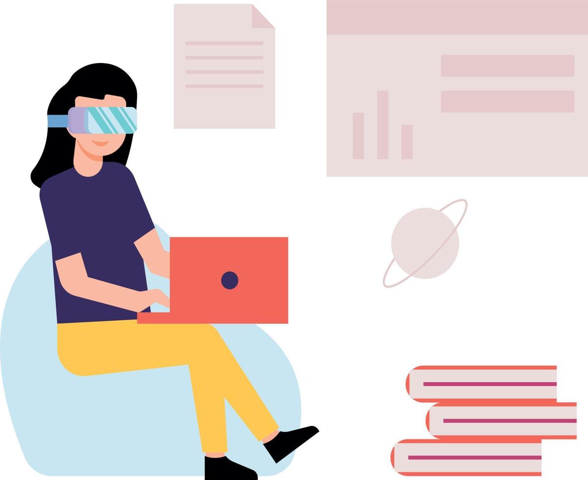 Girl reading on laptop wearing VR glasses. vector