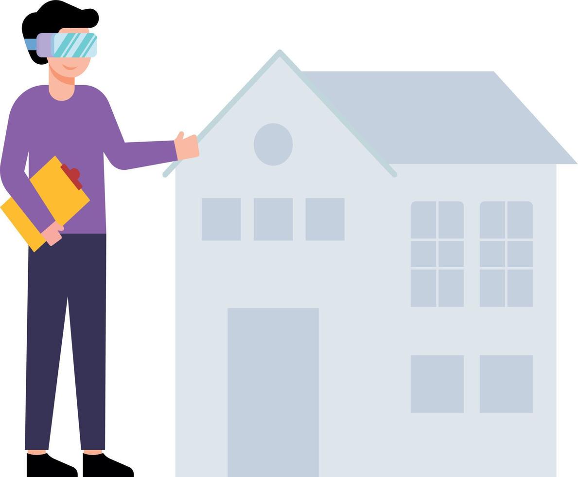 Boy wearing VR glasses looking at the house. vector