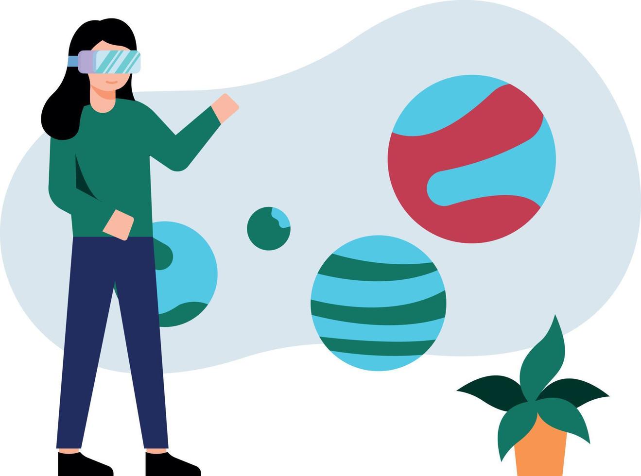 Girl looking at planets through VR glasses. vector